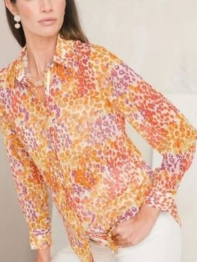 Chico's Leopard Print Button Down Blouse Semi-sheer Orange